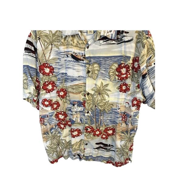 Big Dog Hawaiian Shirt Large Rayon Aloha Cruise Ship Airplane Floral VTG - Picture 3 of 5